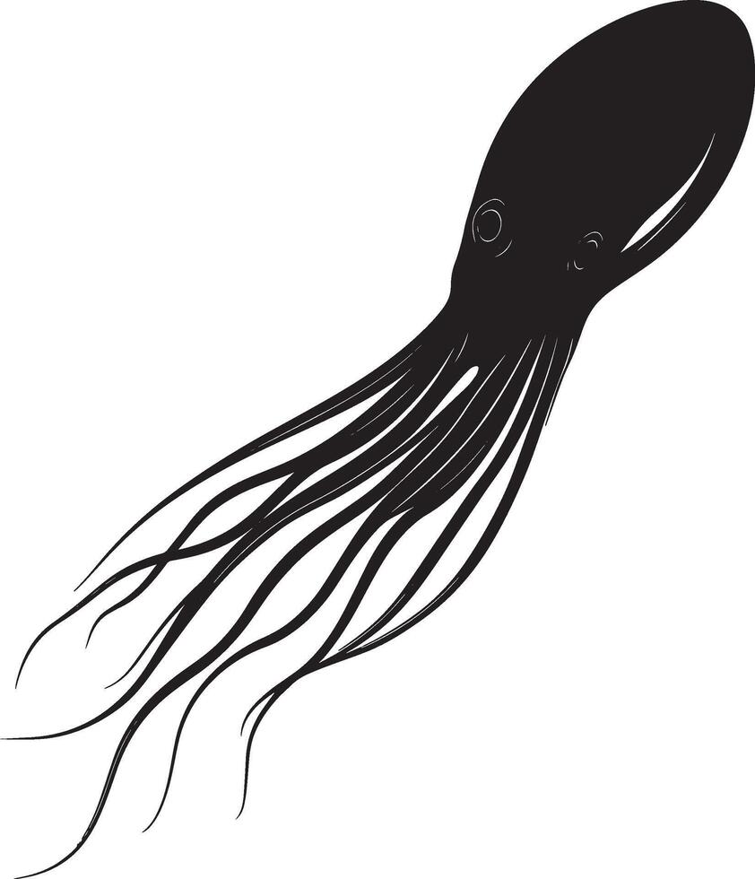 Squid Gliding Through Water Body elongated with fins outstretched, swiftly propelling itself through the aquatic environment. Full-length silhouette black design. vector