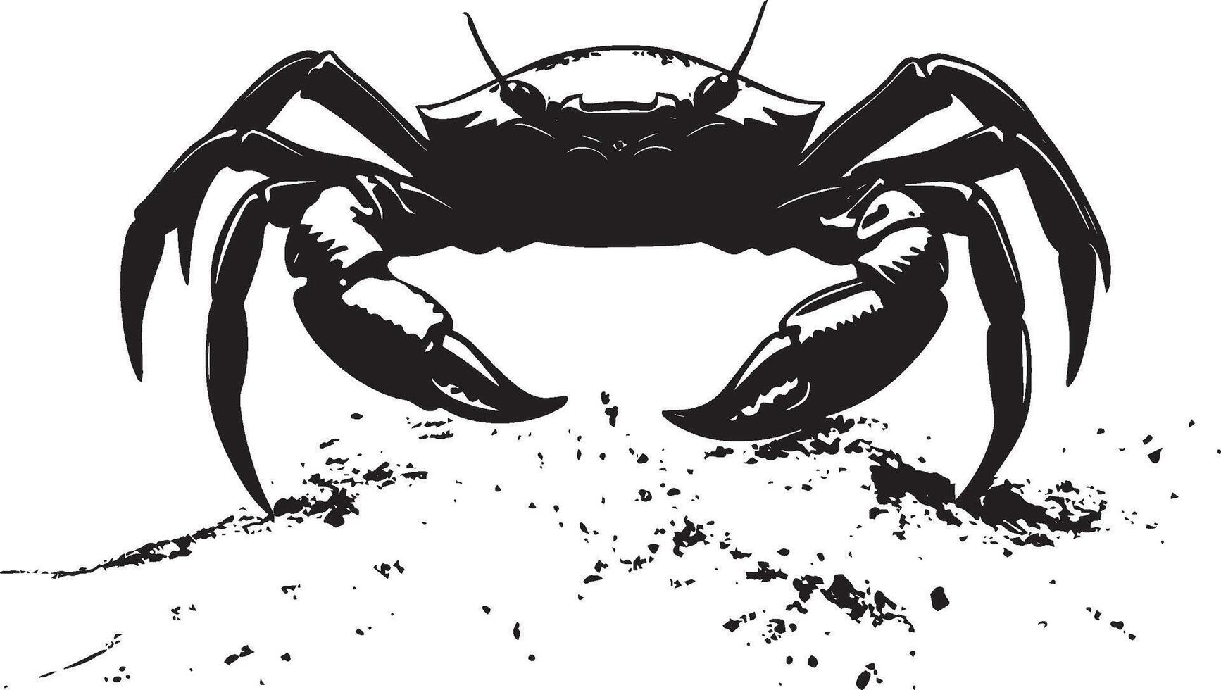 Crab in Digging Position Front legs and claws engaged in the sand, body lowered with legs extended for effective excavation. Full-length silhouette black design. vector