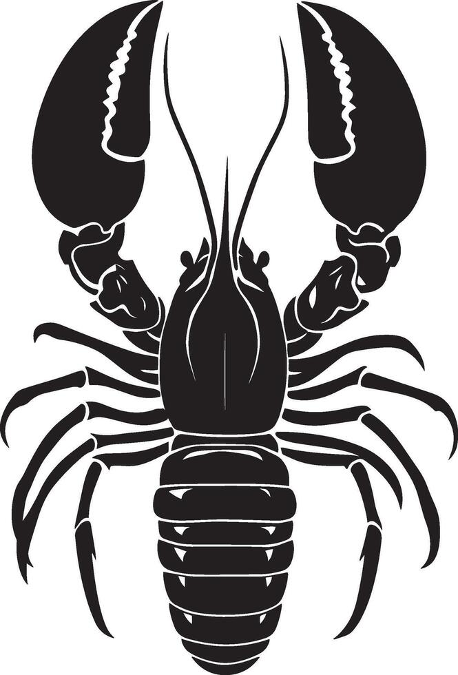 Lobster in a Defensive Stance Body arched with claws raised high, exhibiting a threatening posture. Full-length silhouette black design. vector