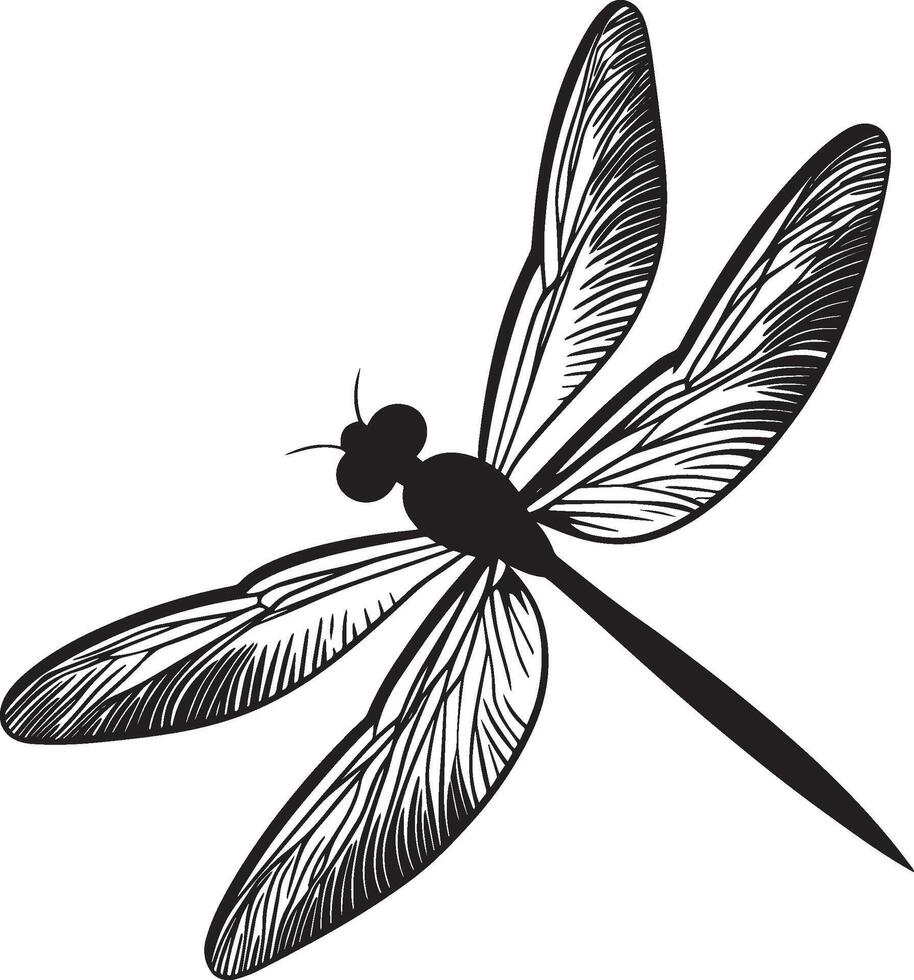 Dragonfly Turning Body mid-turn with wings angled and legs extended in a curved path. full length silhouette black illustration vector