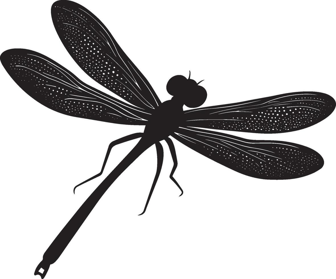 Dragonfly Landing Body descending with wings flapping and legs extended to grasp a surface. full length silhouette black illustration vector