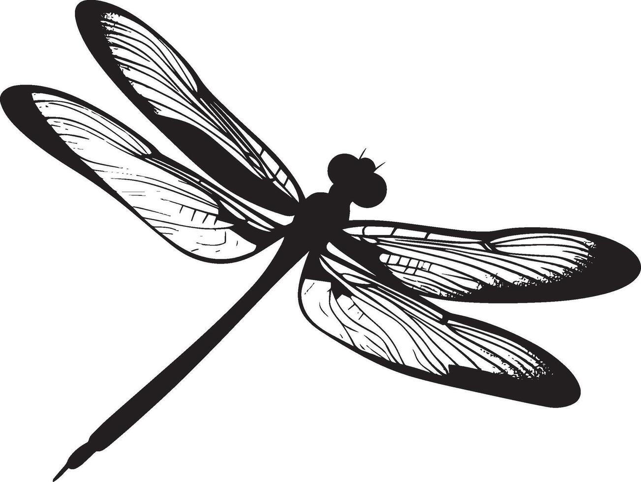 Dragonfly Flying Wings spread wide with body elongated and legs tucked under, darting swiftly through the air. full length silhouette black illustration vector