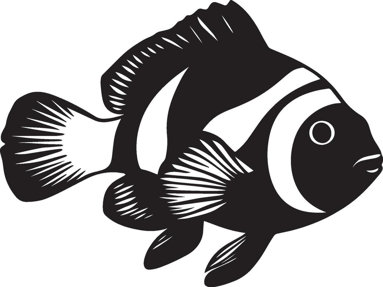 Clownfish Swimming Body streamlined with fins spread and tail gently swaying through the water. full length silhouette black illustration vector