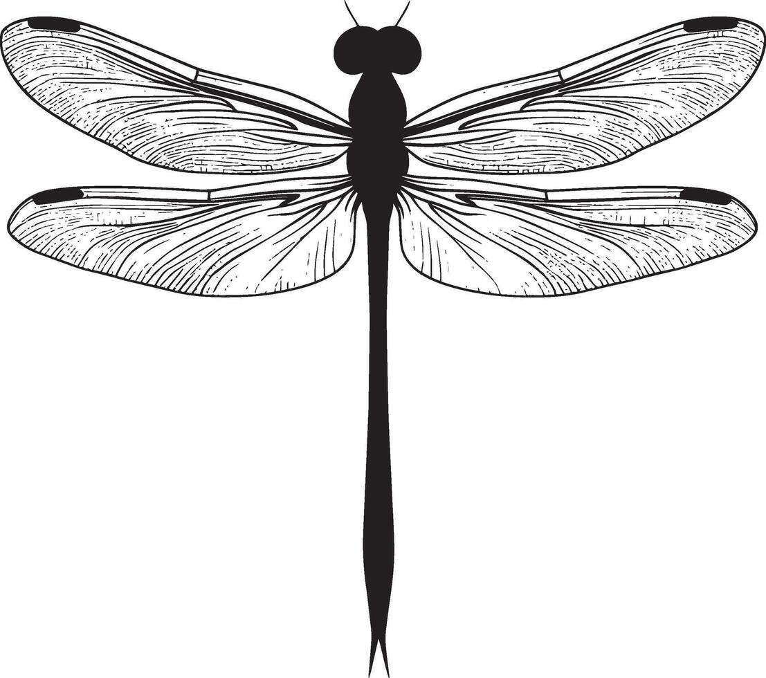 Full-body black silhouette of a dragonfly suspended in place, wings fluttering rapidly. vector