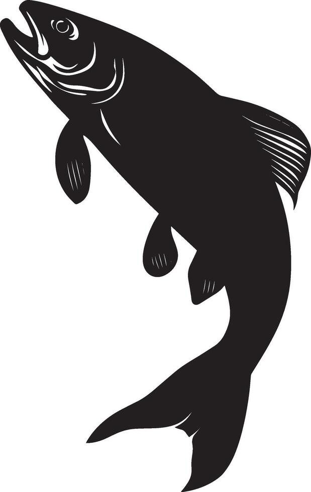 Trout Swimming Upstream Body angled with fins extended and tail working against the current. full length silhouette black illustration vector