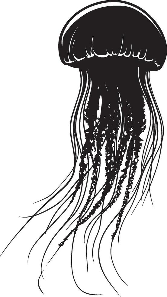 Jellyfish Evading Threats Body contracting quickly with tentacles pulled back, tail-like fin moving rapidly to escape. full length silhouette black illustration vector