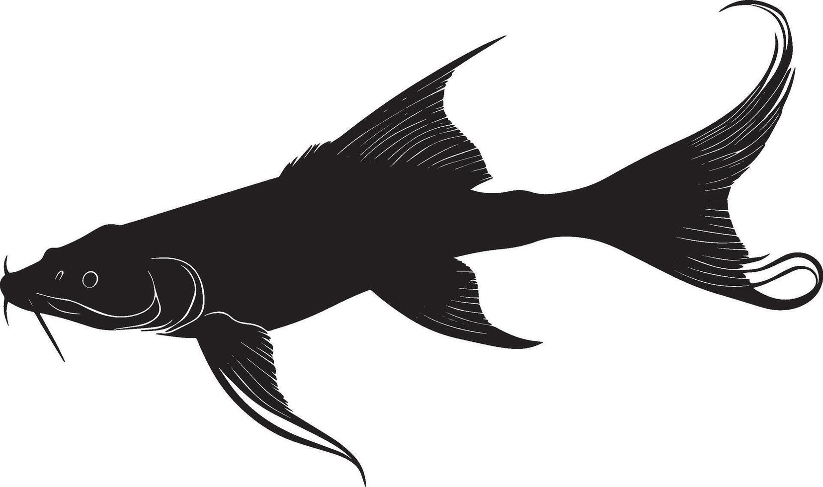 Catfish Resting Body still on the riverbed or bottom of the water with fins relaxed and tail curled. full length silhouette black illustration vector