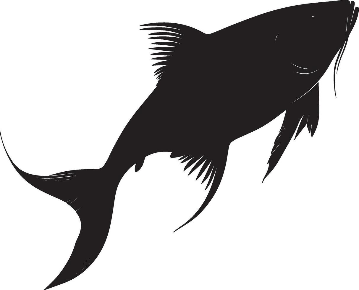 Catfish Turning Body mid-turn with fins angled and tail following through the movement. full length silhouette black illustration vector