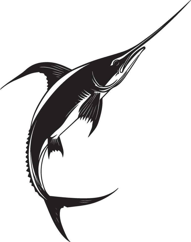 Swordfish in pursuit body angled forward, sword-like bill directed ahead, tail elevated, and fins spread for rapid movement in a full-length silhouette. vector