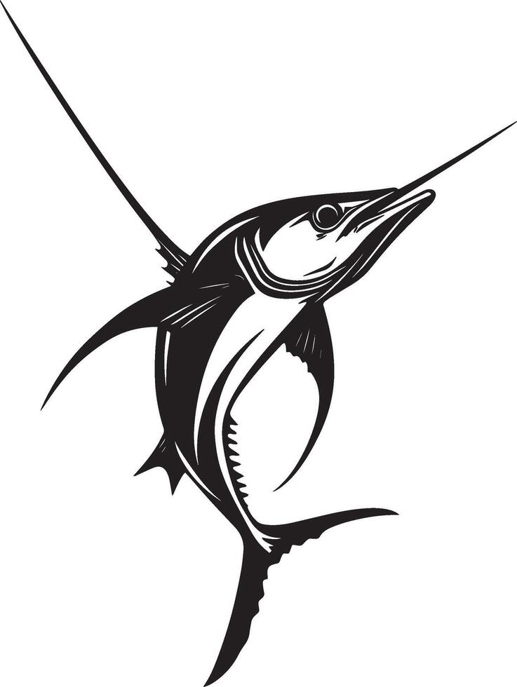 Swordfish Charging Body angled forward, sword-like bill pointing ahead, tail raised and fins extended for swift movement. full length silhouette black illustration vector
