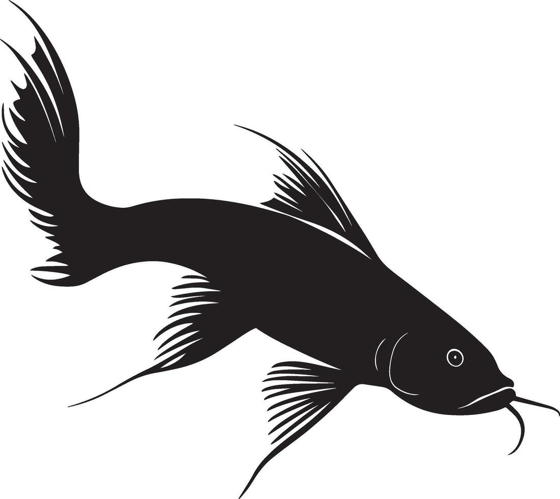 Catfish in motion body mid-turn, fins positioned and tail trailing along in a full-length silhouette. vector