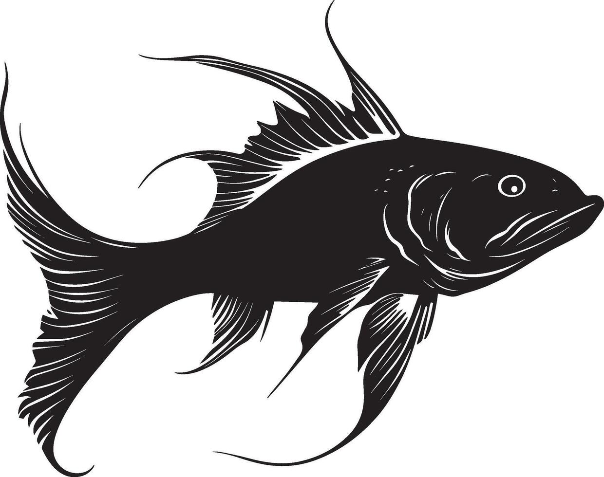 Catfish at rest body motionless on the riverbed, fins relaxed, and tail gently curled in a full-length silhouette. vector