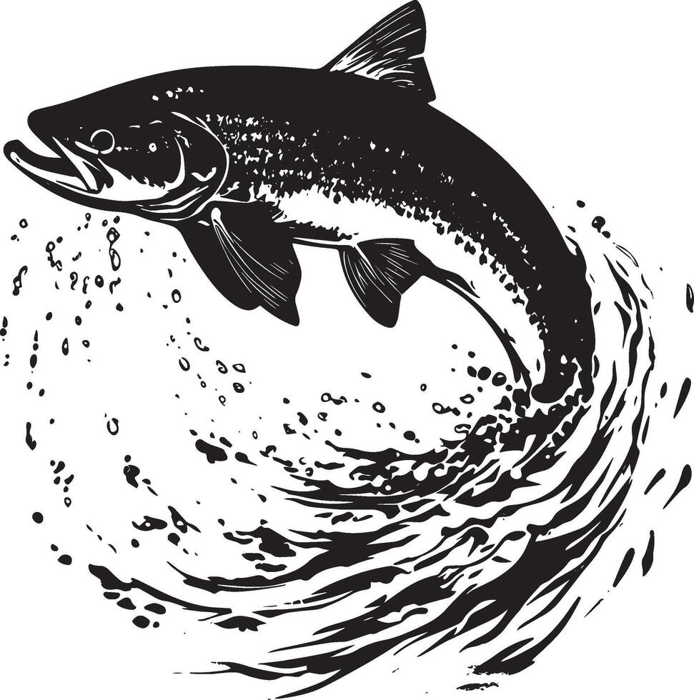 Trout Spawning Body angled in shallow water with fins extended and tail flicking while laying eggs. full length silhouette black illustration vector