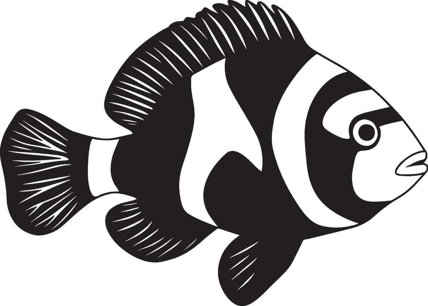 Clownfish gliding body streamlined, fins fully extended, and tail gently swaying in the water in a full-length silhouette. vector
