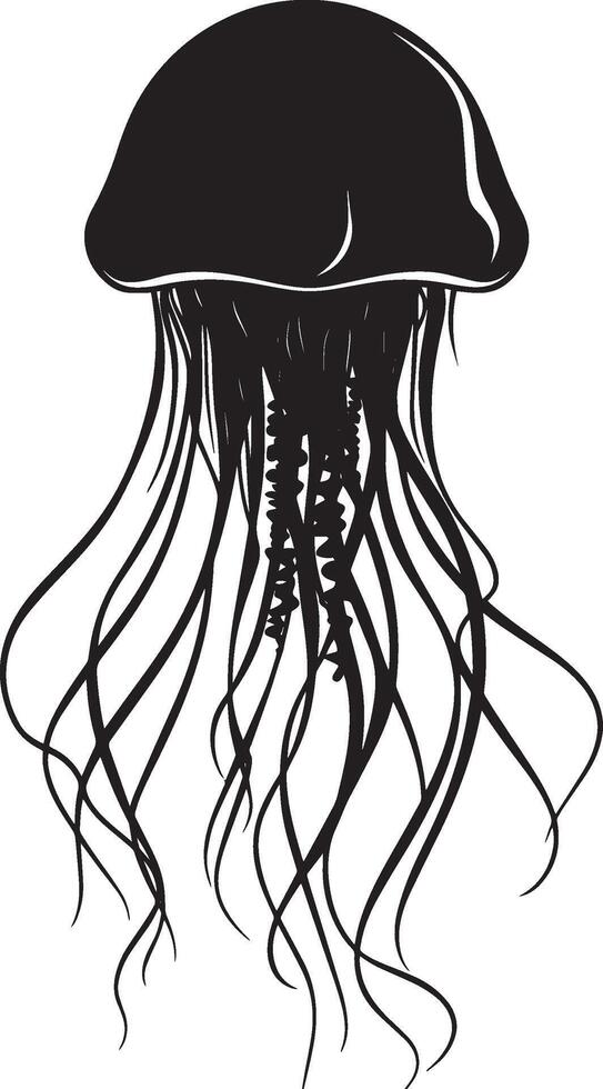 Jellyfish at rest body motionless, bell oriented downward, with tentacles gently trailing below in a full-length silhouette. vector