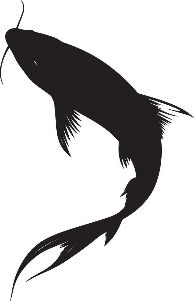 Catfish rotating form turning, fins angled, with the tail following the movement in a black outline. vector
