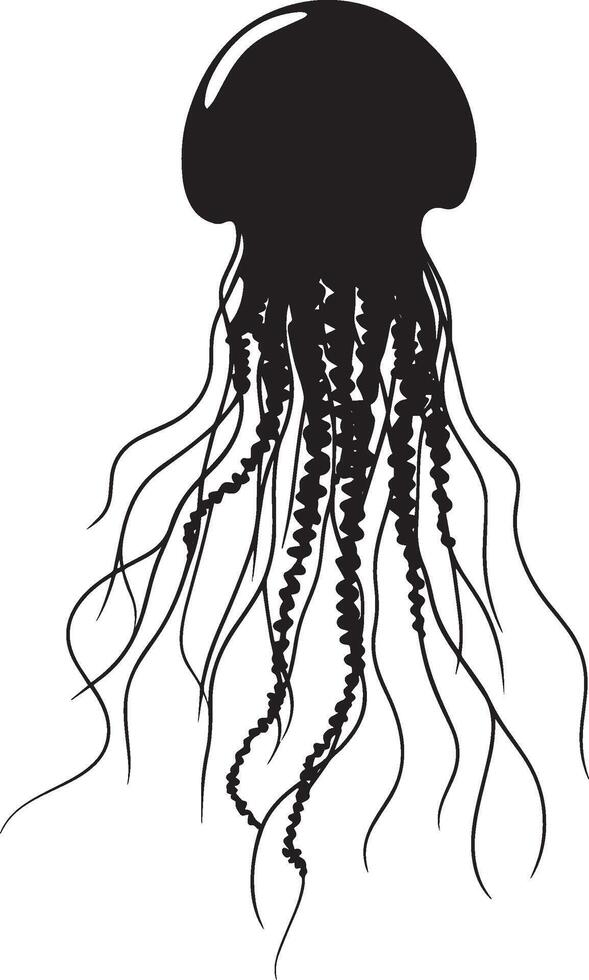 Jellyfish Releasing Eggs Tentacles extended with body slightly arched as it releases eggs into the water. full length silhouette black illustration vector