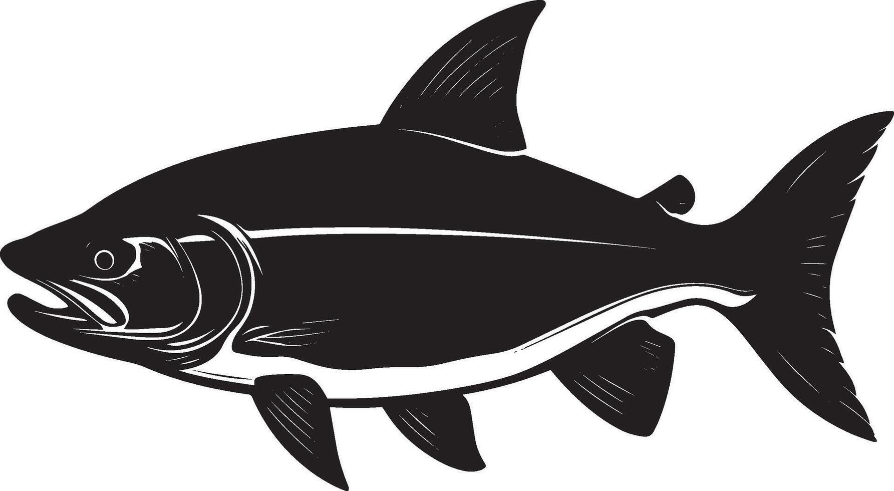 Salmon Swimming Body streamlined in the water with fins spread and tail gently swaying. full length silhouette black illustration vector
