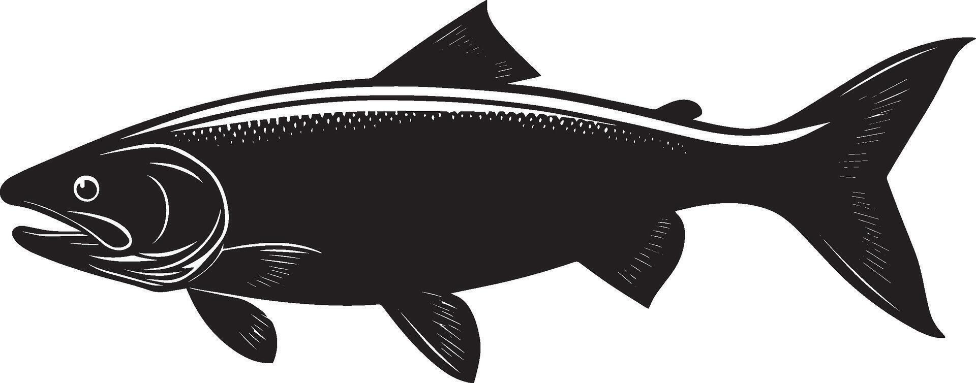 Salmon gliding body streamlined in the water, fins extended, and tail gently swaying in a full-length silhouette. vector