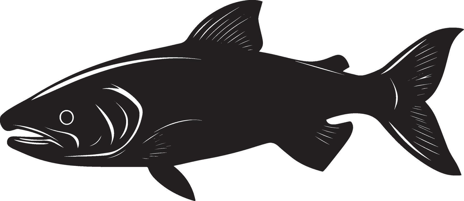 Salmon lounging suspended still in the water, body calm with fins at ease and tail slightly coiled in a black outline. vector