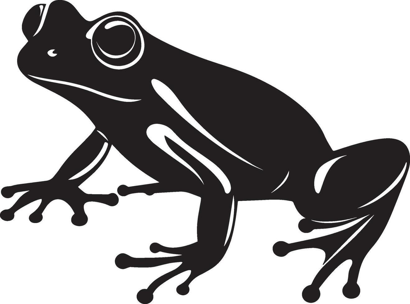 Frog Resting Body still sitting on a surface with legs bent and tail tucked under. full length silhouette black illustration vector