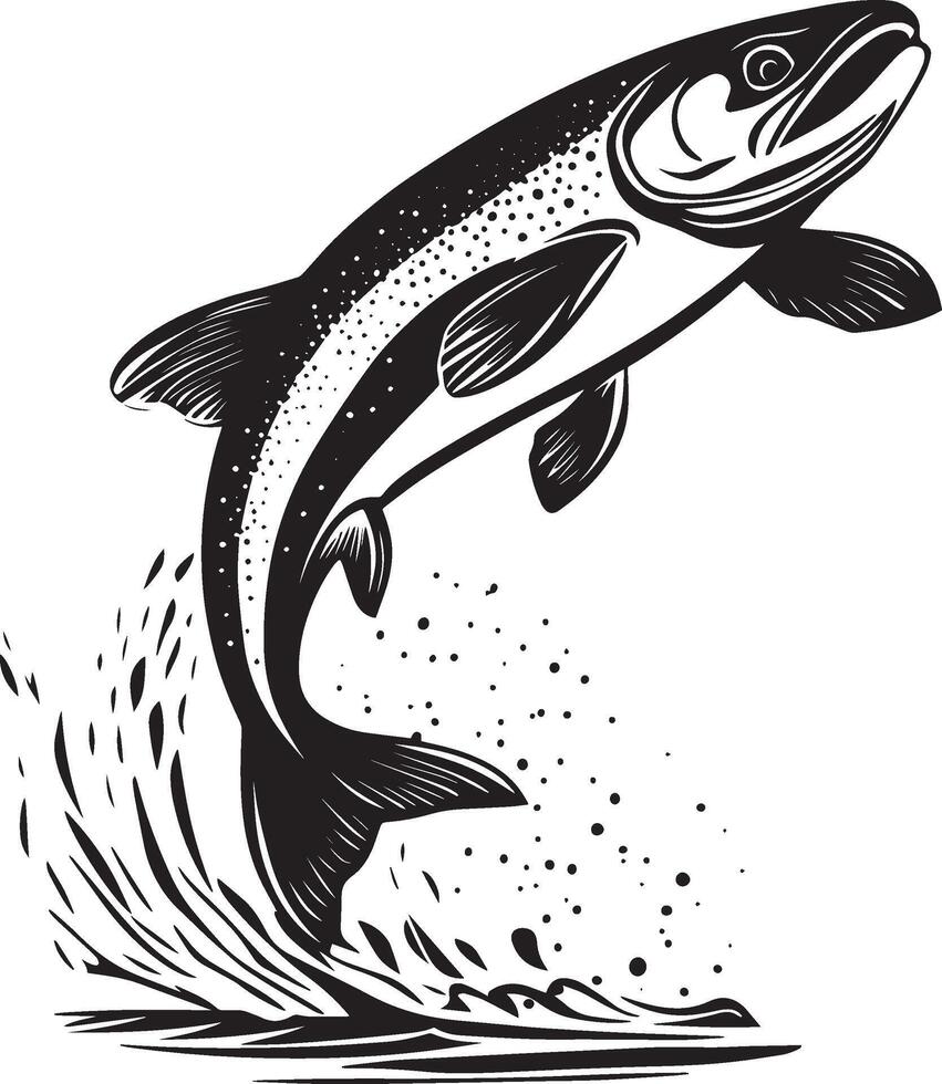 Trout Jumping Body arched with tail and fins extended while leaping above the water's surface. full length silhouette black illustration vector