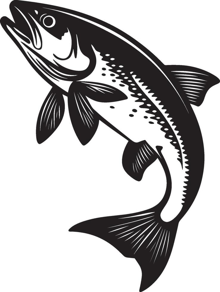 Trout Turning Body mid-turn with fins angled and head facing the new direction. full length silhouette black illustration vector
