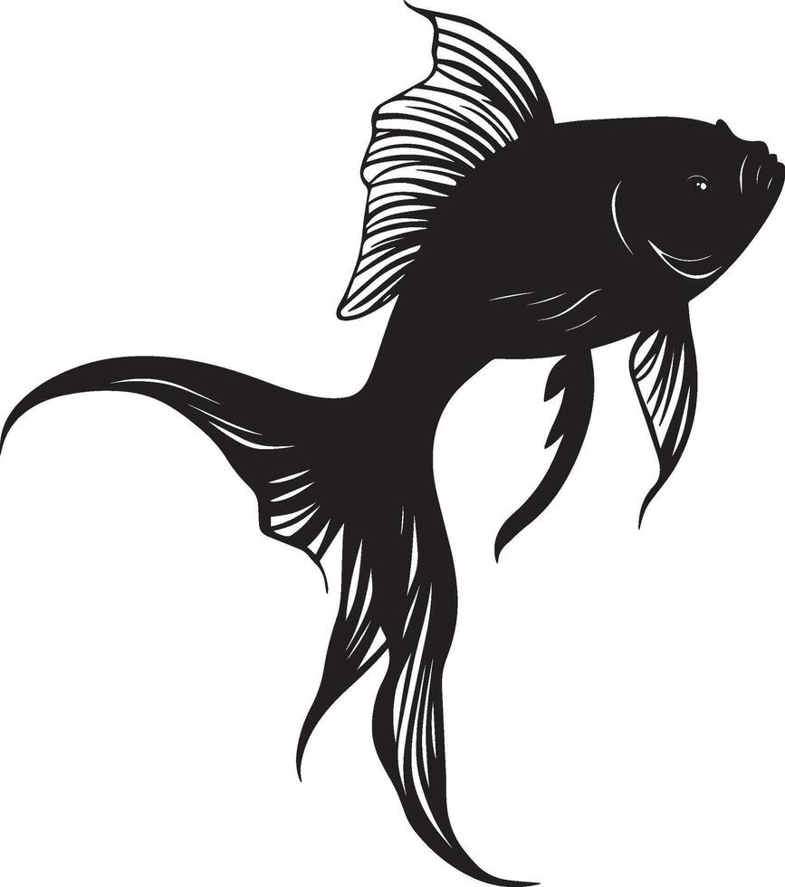 Goldfish Swimming Upward Body angled upward with fins extended and tail pushing the fish toward the surface. full length silhouette black illustration vector