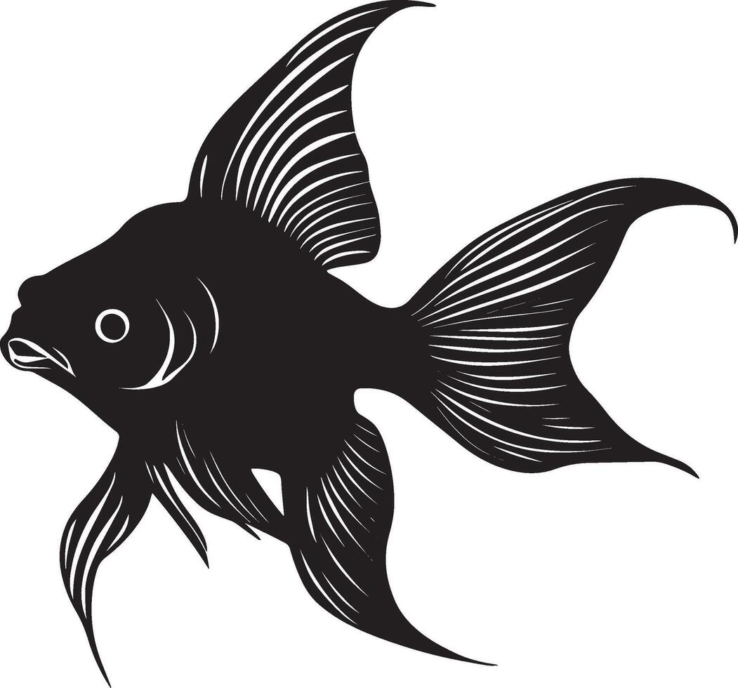 Goldfish ascending body angled upward, fins spread wide, and tail propelling the fish toward the surface in a full-length silhouette. vector