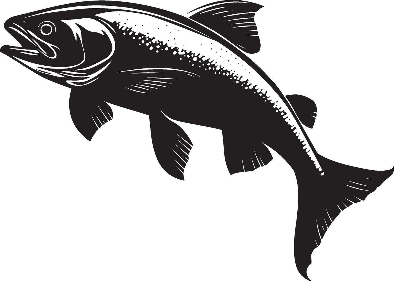 Trout changing direction body mid-turn, fins angled, and head oriented towards the new path in a full-length silhouette. vector
