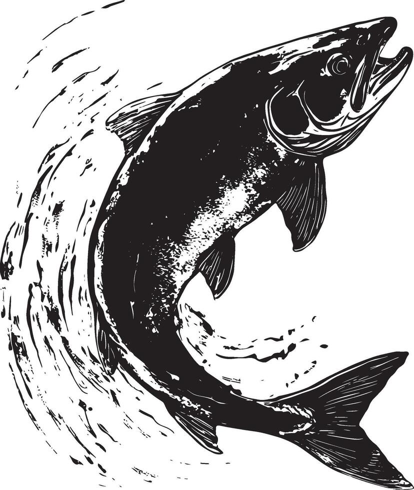 Trout Hovering Body suspended in the water with fins spread and tail slightly curled. full length silhouette black illustration vector