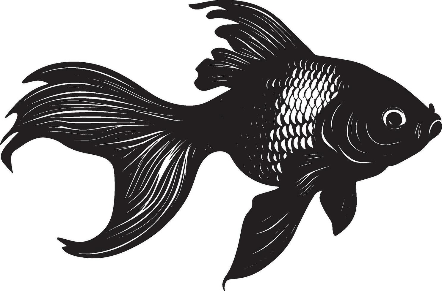 Goldfish lounging suspended still in the water, body calm with fins at ease and tail slightly coiled in a black outline. vector