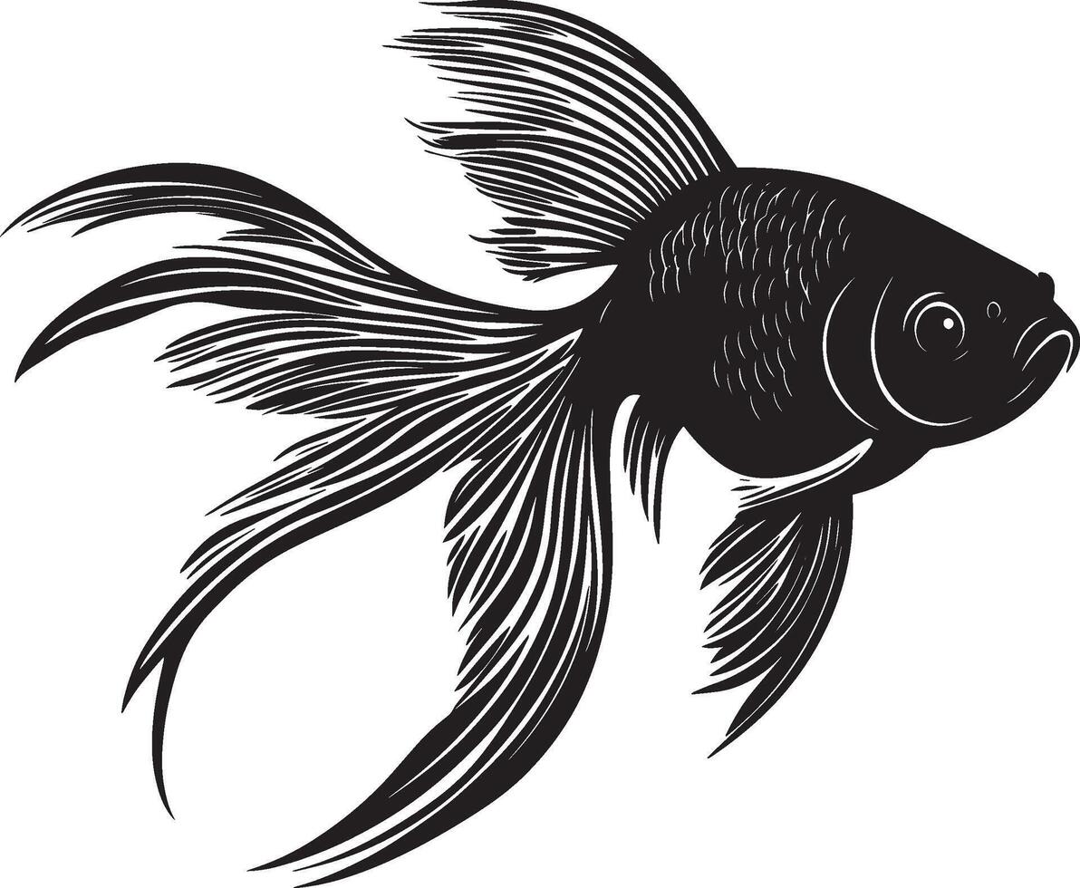 Goldfish Resting Body still in the water with fins relaxed and tail slightly curled. full length silhouette black illustration vector