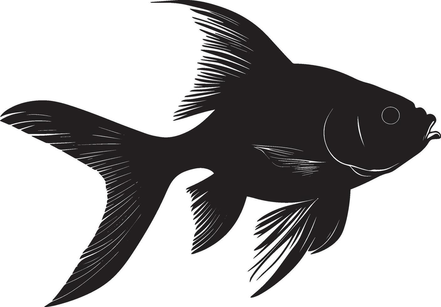Black illustration of a turning goldfish, body curved with fins positioned for movement. vector