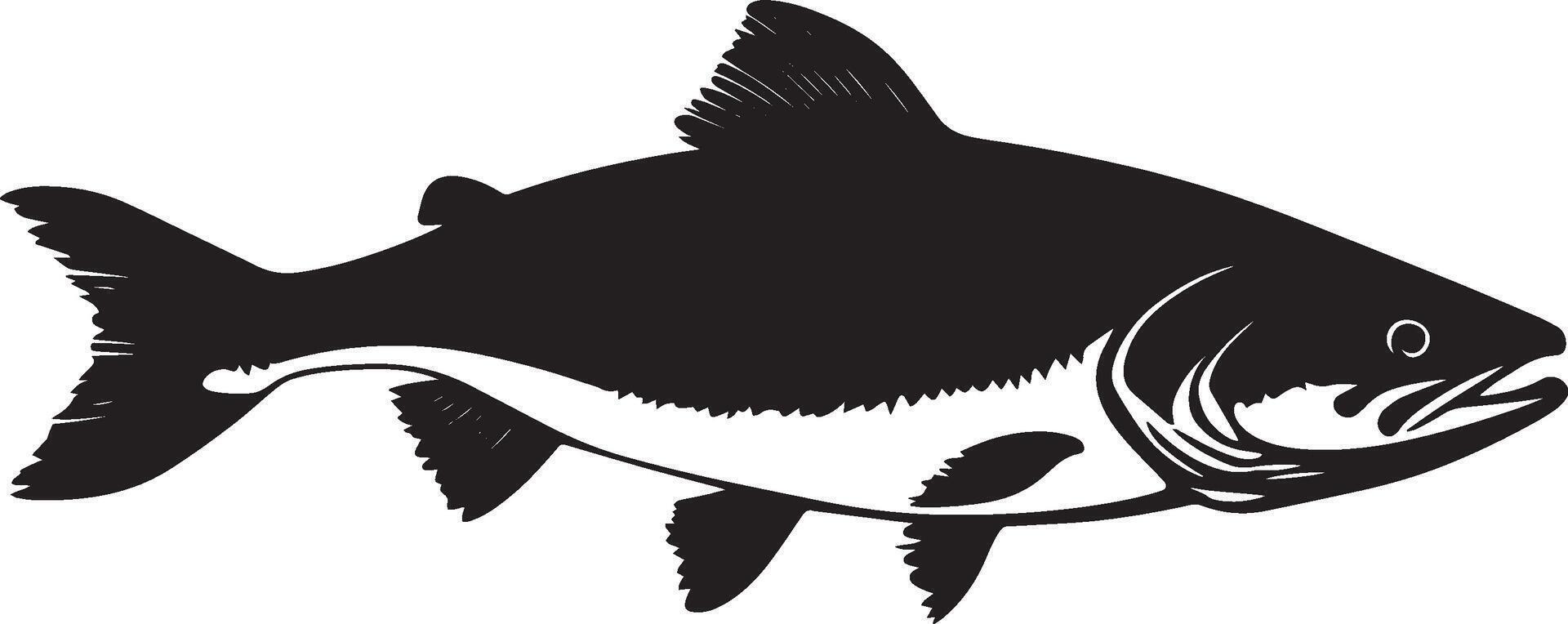Salmon at rest body motionless in the water, fins relaxed, and tail gently curled in a full-length silhouette. vector