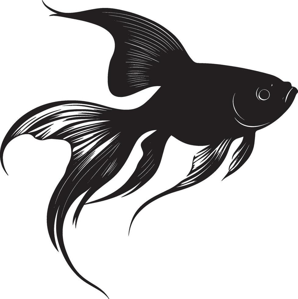 Goldfish Swimming Body streamlined with fins extended and tail gently swaying through the water. full length silhouette black illustration vector