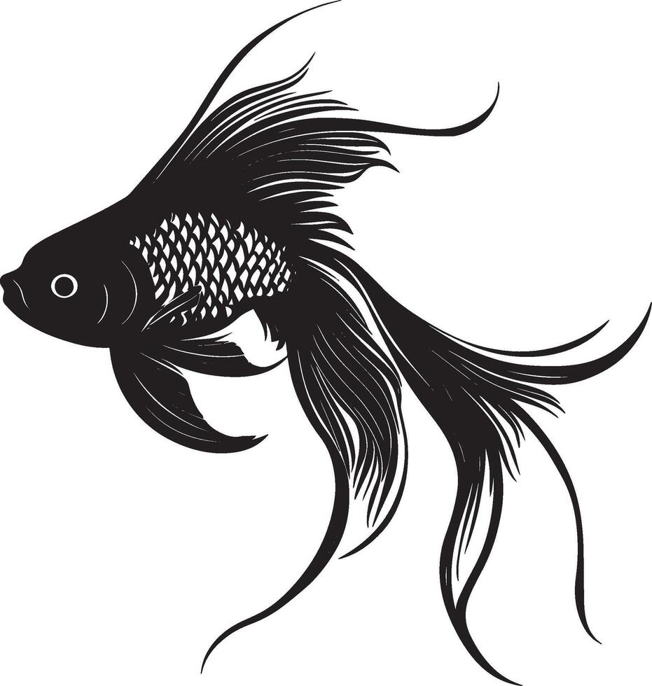 Goldfish in repose body stationary in the water, fins relaxed, and tail softly curled in a complete silhouette illustration. vector