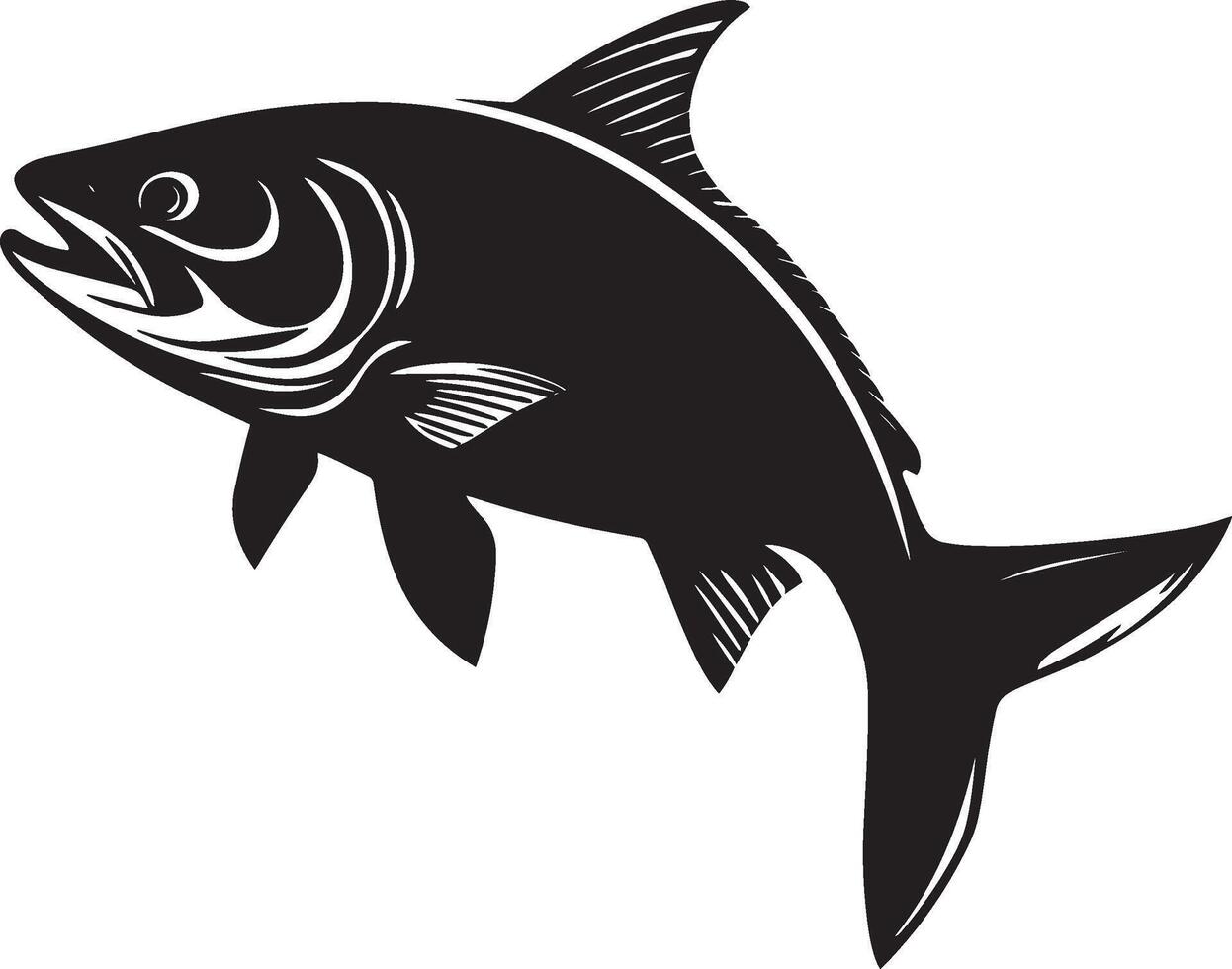 Salmon changing direction body mid-turn, fins angled, and head oriented toward a new path in a full-length silhouette. vector