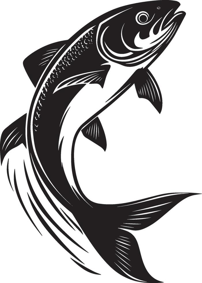 Salmon Turning Body mid-turn with fins angled and head facing in a new direction. full length silhouette black illustration vector
