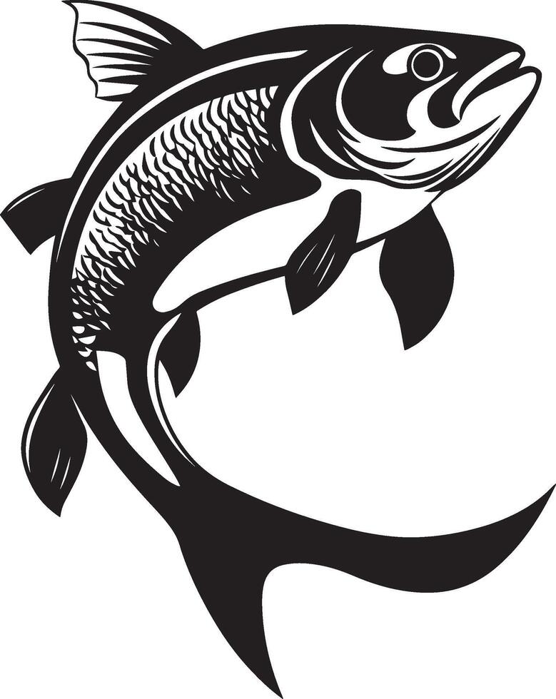 Trout pivoting form in a turning motion, fins positioned, and head directed forward in a black outline. vector