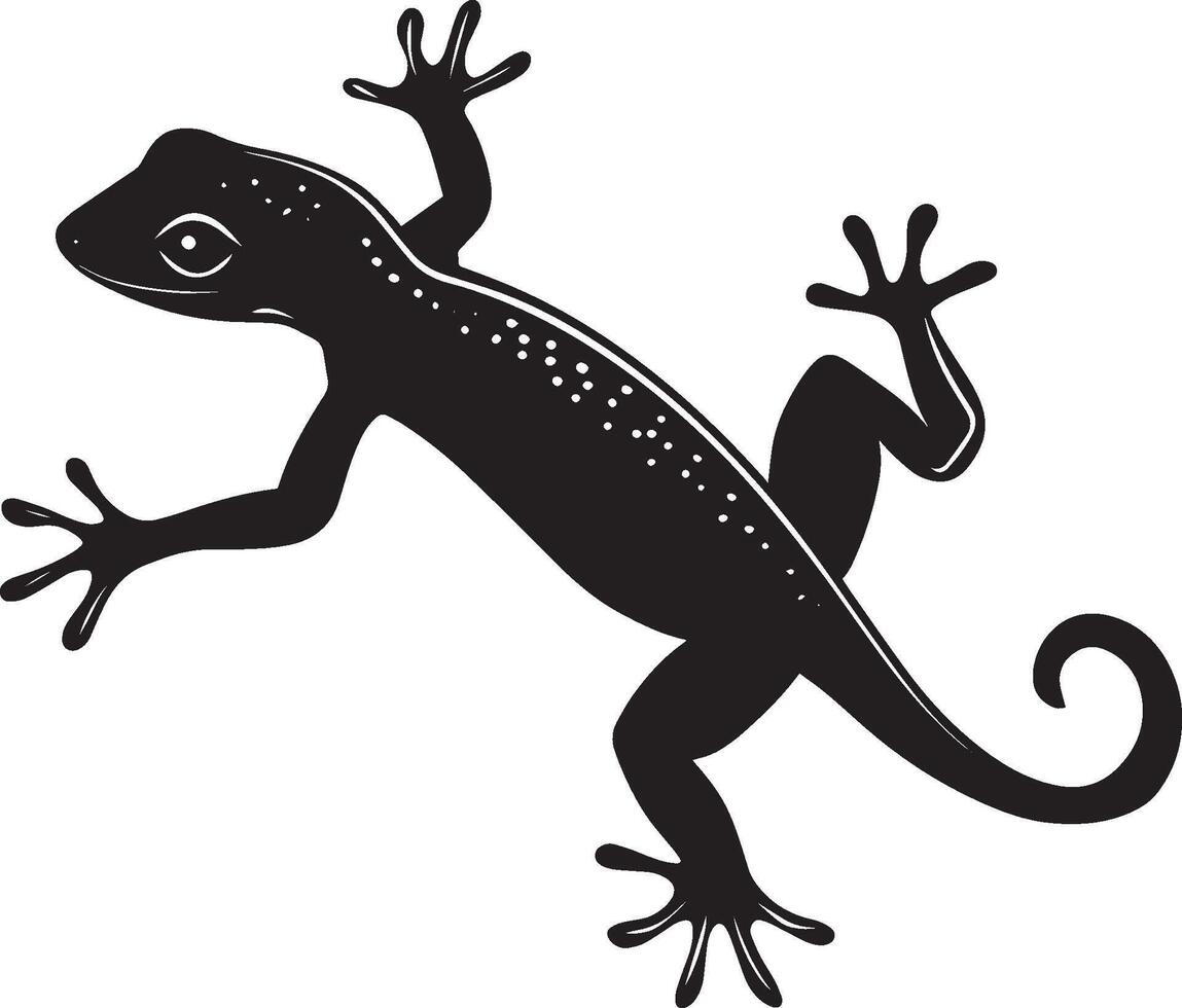 Gecko Hunting Body low to the ground head extended forward eyes focused on prey. full length silhouette black illustration vector