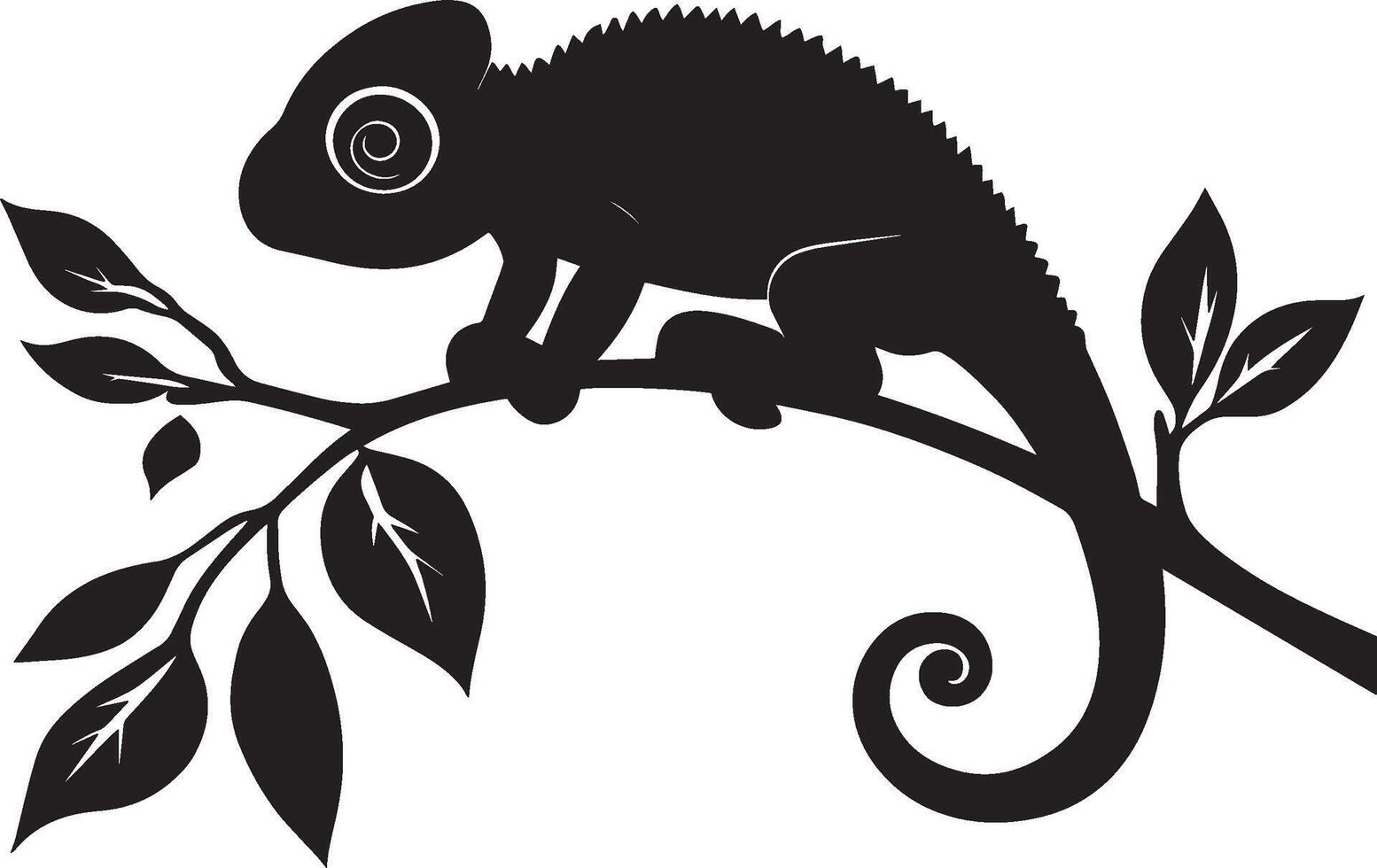 Chameleon Resting on a Branch Body relaxed with legs spread out and tail curled around a branch. full length silhouette black illustration vector