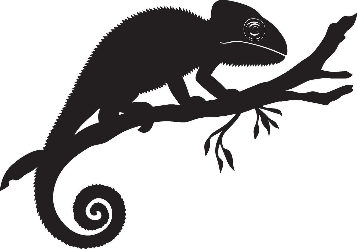 Chameleon at rest body relaxed, legs spread, and tail curled securely around a branch in a full-length silhouette. vector