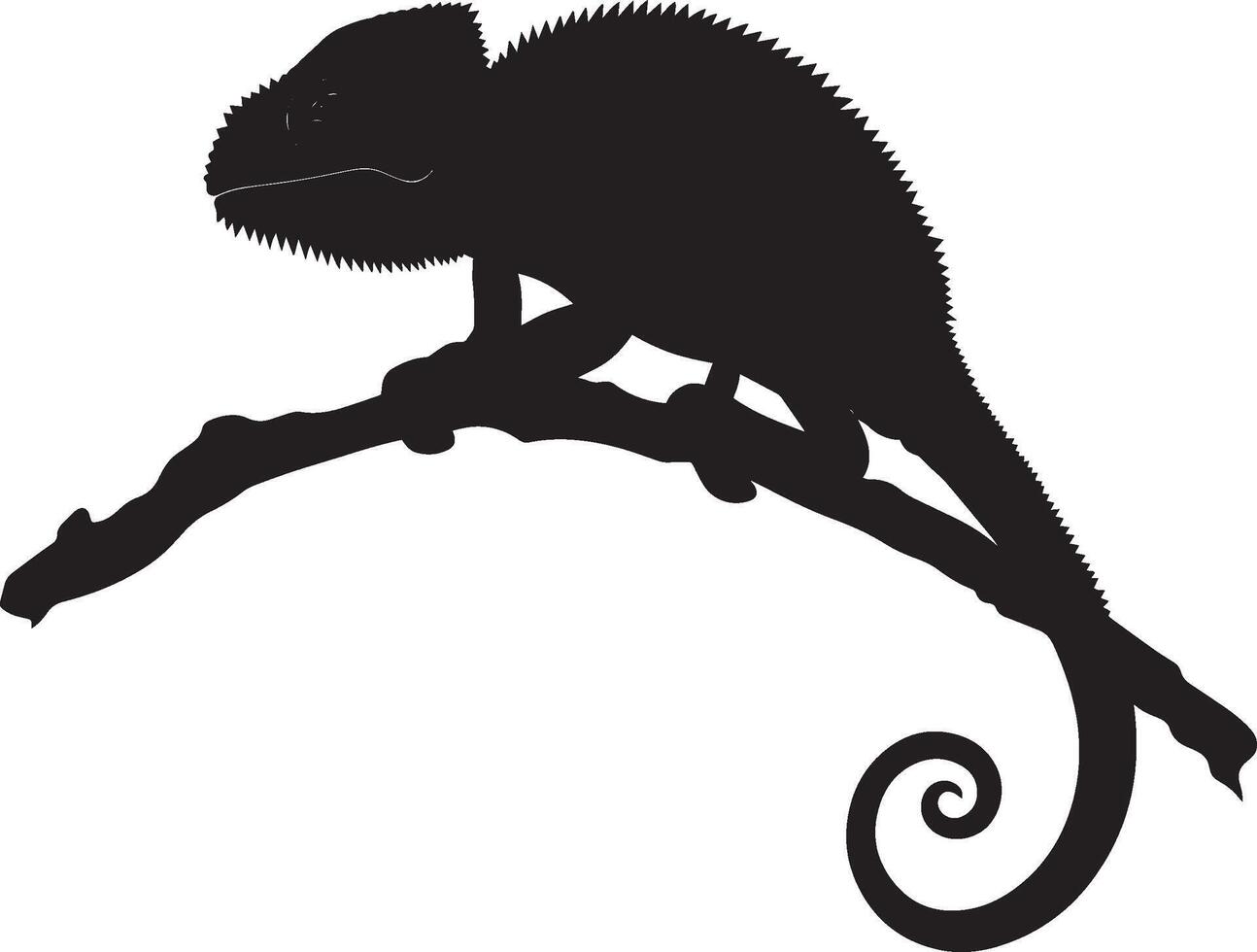 Chameleon Resting Body still tail curled limbs tucked under body sitting on a branch. full length silhouette black illustration vector