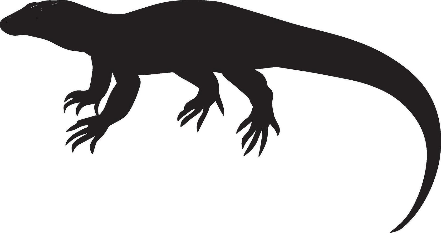Komodo dragon scaling body slightly tilted, claws gripping, and tail stretched out for support in a black outline. vector