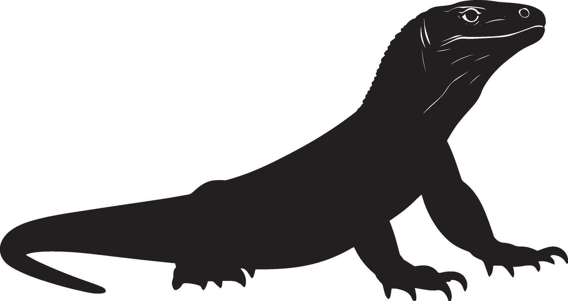 Komodo Dragon Defending Body arched with mouth slightly open and tail raised for a defensive posture. full length silhouette black illustration vector