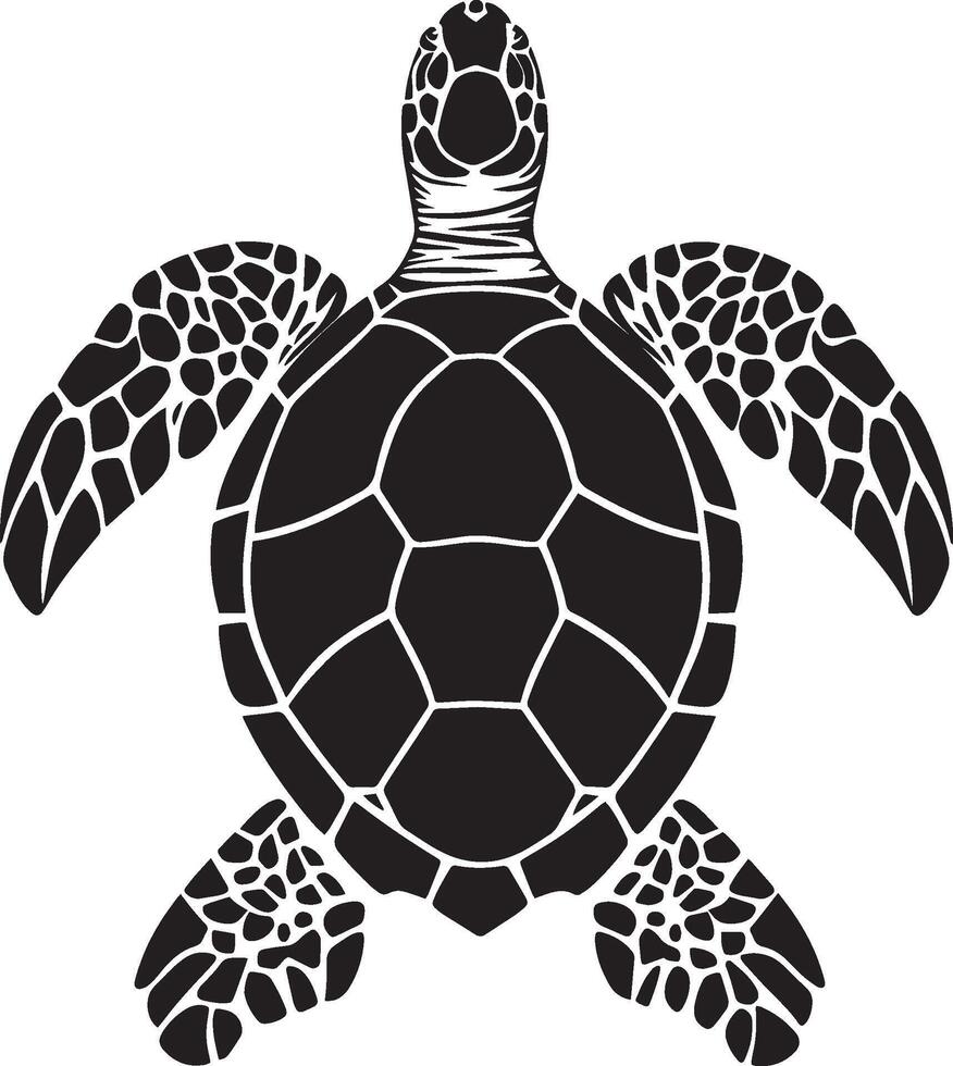 Turtle at rest in water floating with just the head and upper shell above the surface, legs relaxed in a full-length silhouette. vector