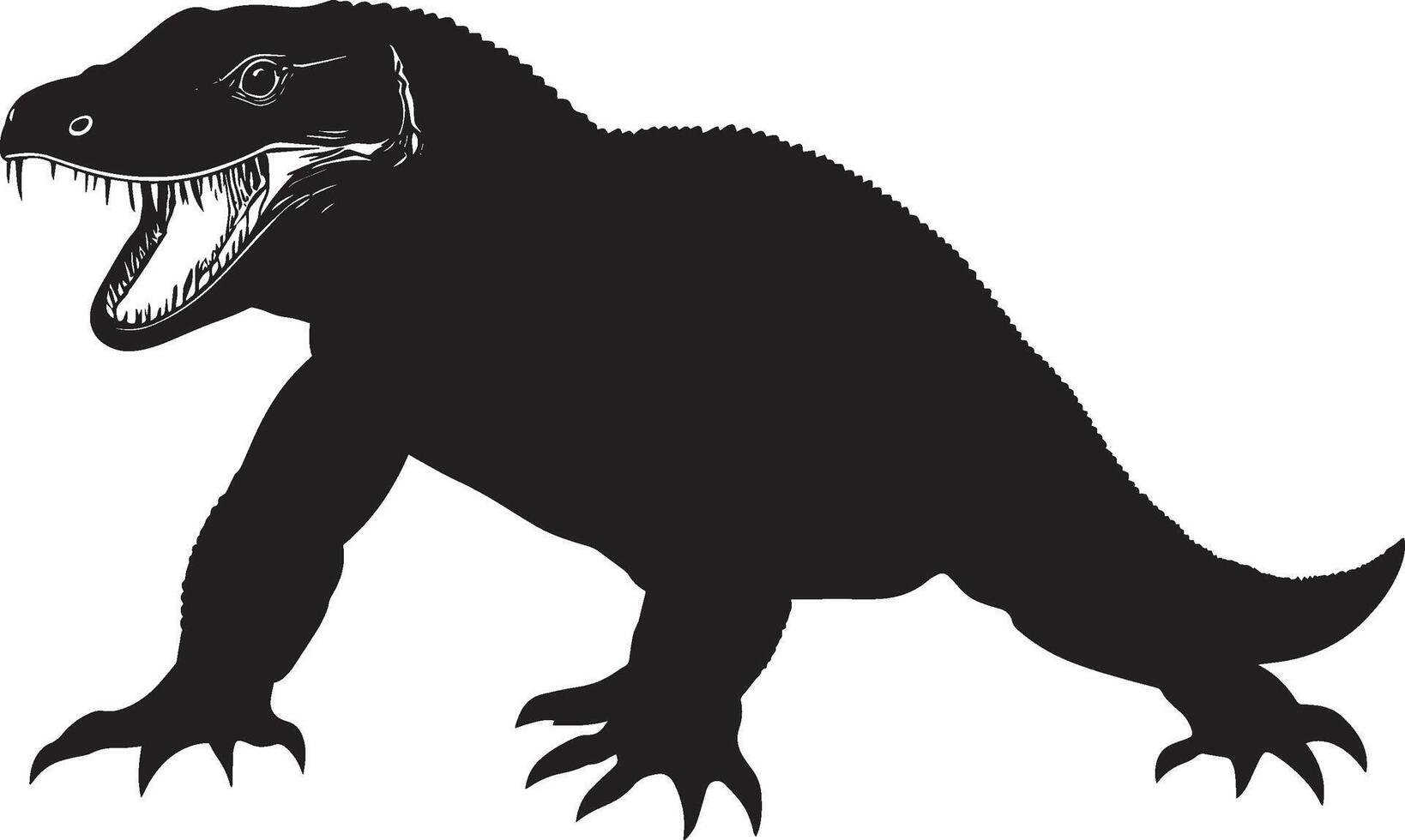 Komodo Dragon Attacking Head forward mouth open with sharp teeth and body coiled in a ready stance. full length silhouette black illustration vector