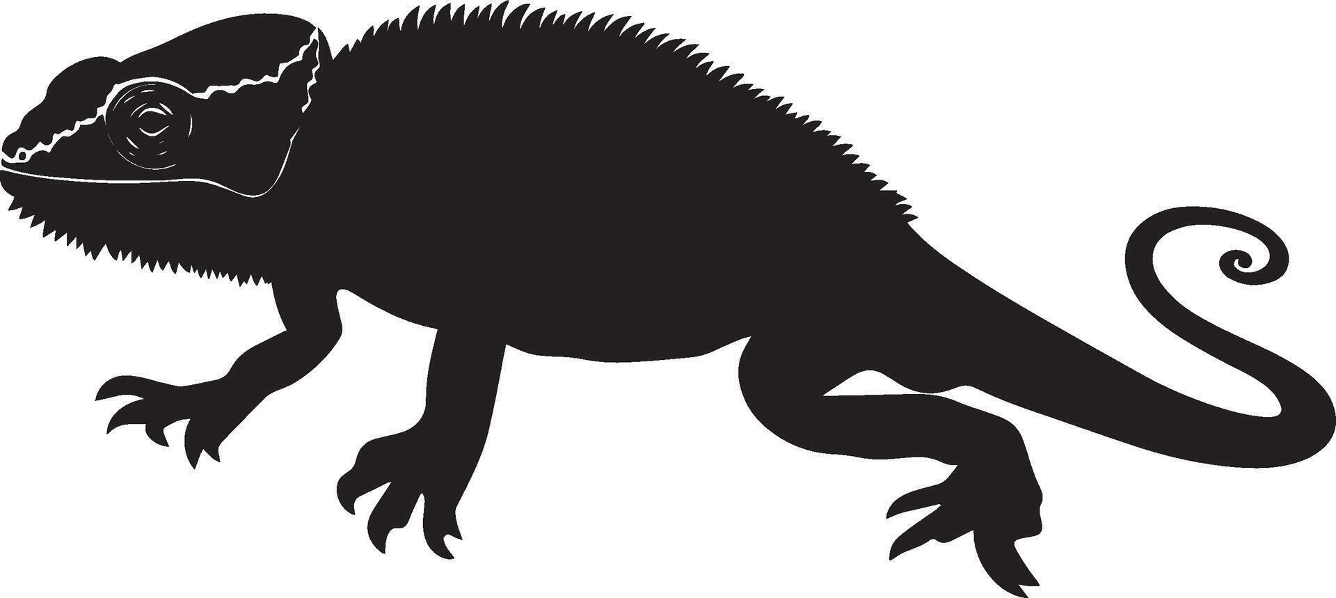 Chameleon strolling taking slow steps, legs stretched, tail trailing, and body slightly tilted in a full-length silhouette. vector