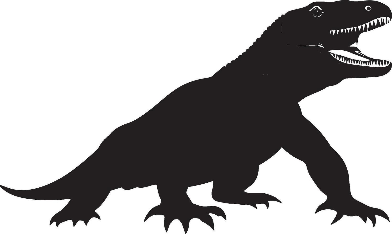 Komodo dragon striking head thrust forward, mouth open, sharp teeth exposed, and body coiled in a full-length silhouette. vector